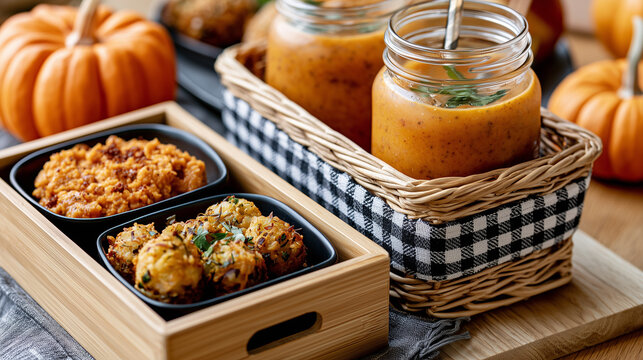 Cozy autumn meal set with pumpkin soup in mason jars and baked appetizers in a wooden tray.