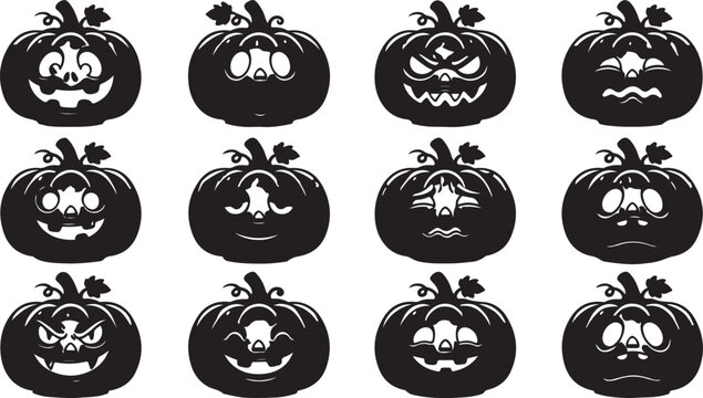 Halloween pumpkin faces collection black and white vector icons for festive designs