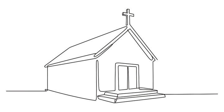 Continuous single line drawing of a small church building with a cross