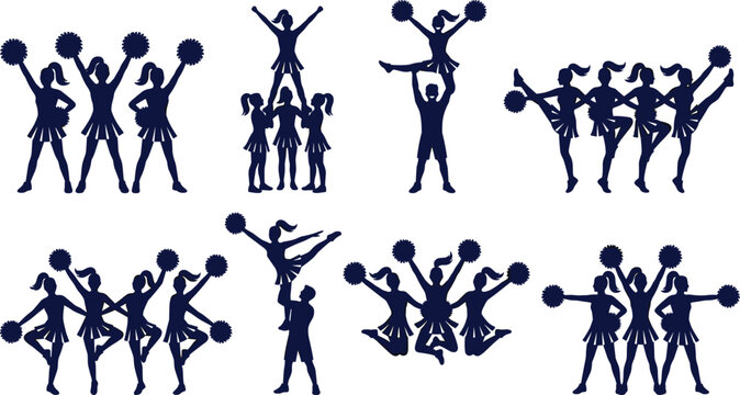 Cheerleading Team Silhouette Collection with Group Stunts Pom Pom Dance Partner Lifts Formation Performance and Spirit Squad Vector Illustration Set