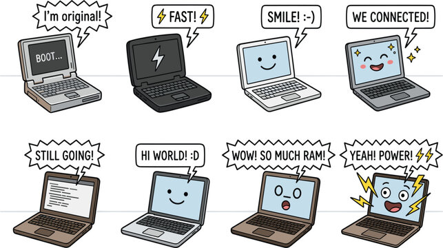 Cute Laptop Computer Evolution Character Set with Retro Notebooks to Powerful Modern Devices and Comic Text Speech Bubbles for Tech Infographic Designs
