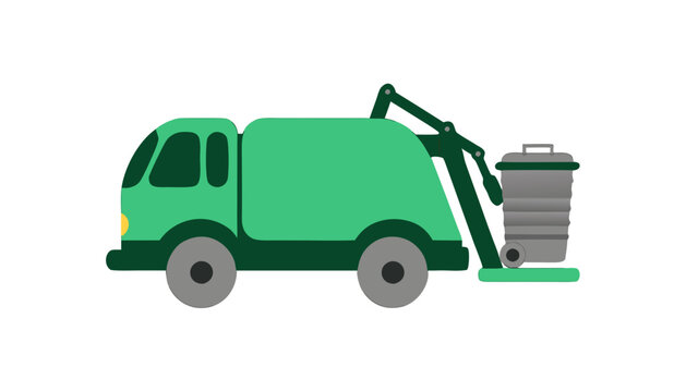 Flat vector illustration of a green municipal garbage truck lifting a trash bin isolated on a white background