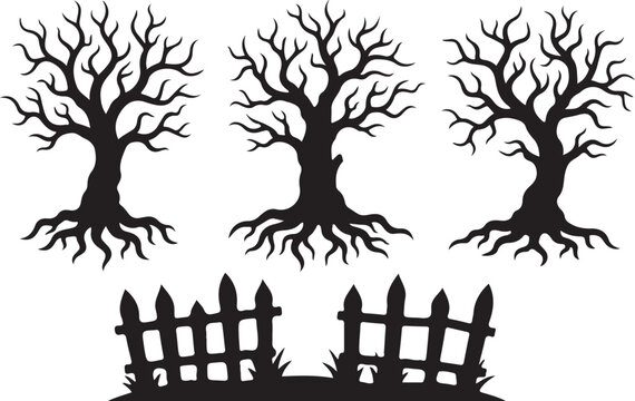Spooky silhouette three bare trees and a picket fence for halloween designs
