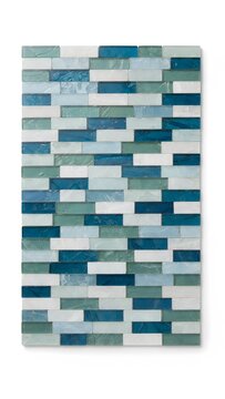 Modern glass mosaic tile sheet with rectangular blue and white pieces for interior backsplash