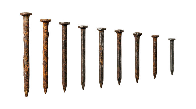 Row of rusty metal nails in a line isolated on transparent background