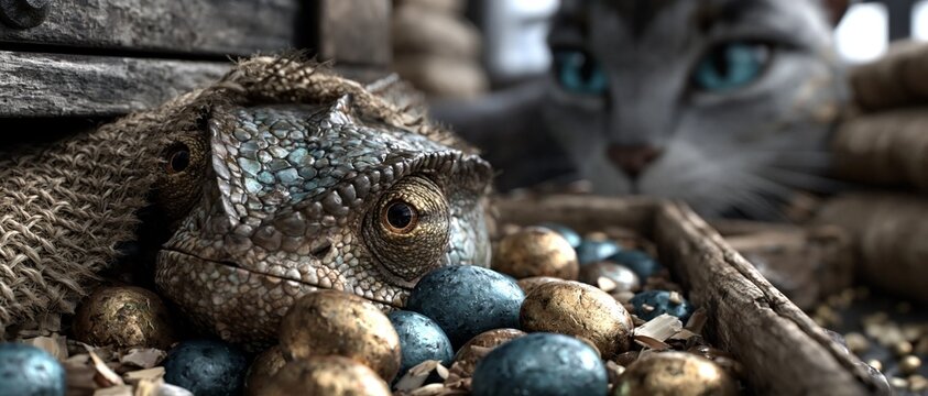 A lizard with patterned scales rests among colorful eggs and a cat watches intently from the background.