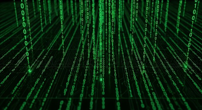 Abstract Green Binary Code Matrix Background with Futuristic Digital Data Streams and Cyber Technology Network Pattern Illustration