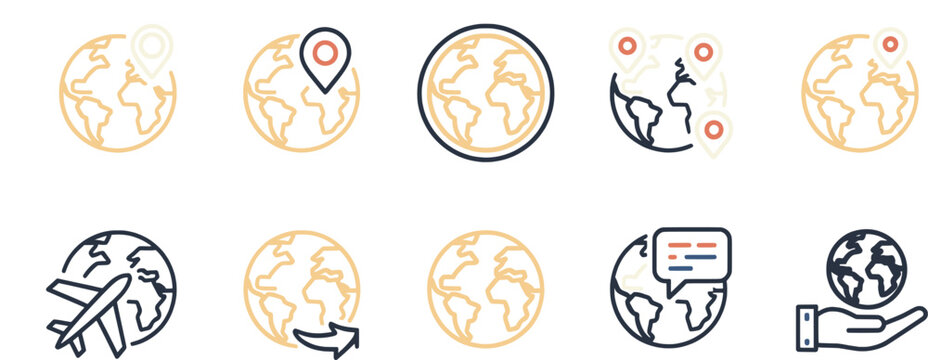 Set of globe and world map icons representing travel and global communication concepts