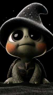 Adorable baby turtle wizard wearing a black pointed hat with stars, cute fantasy tortoise character on black background, magical animal portrait