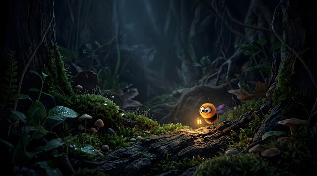 Whimsical firefly character in a dark enchanted forest, glowing insect in a magical woodland scene, cute fantasy bug lighting up a mossy night landscape