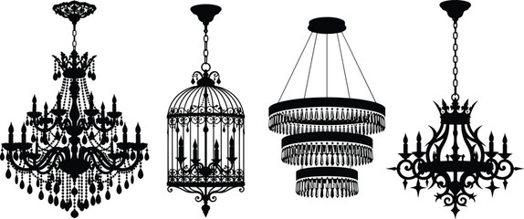 Naklejka premium Chandelier Silhouette Vector Icon Set Featuring Classic Baroque Crystal Pendants Vintage Birdcage Lanterns and Luxury Tiered Ceiling Hanging Light Fixtures for Interior Decor