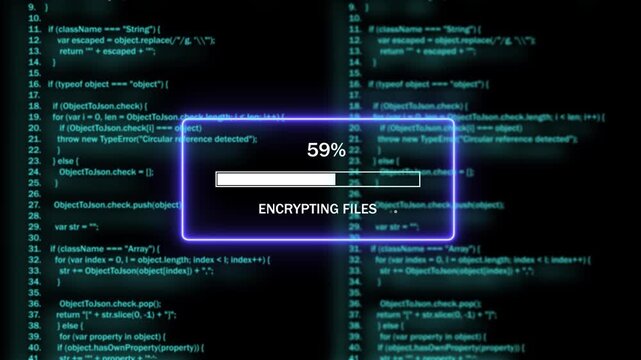 Dynamic digital data encryption progress bar overlay with scrolling javascript source code background, for cybersecurity, software, development, tech tutorials, and advanced computing interface