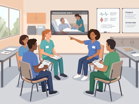 A group of six healthcare workers sits around a table. They watch a video of a medical scenario and discuss it while taking notes. The setting looks like a training room