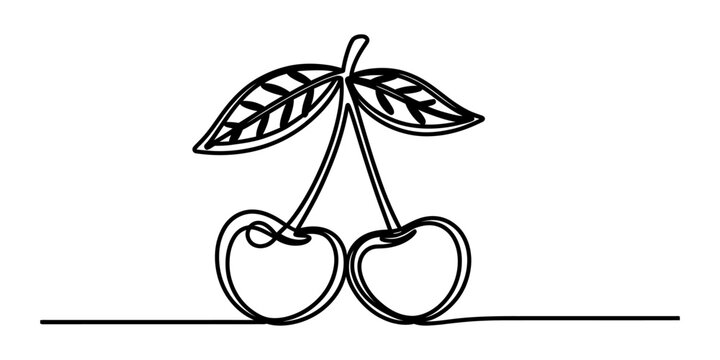 Continuous single line drawing of two cherries with leaves as a minimalist artistic fruit illustration isolated on a clean white background Vector, illustration