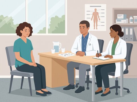 A woman sits in a chair in an office while two medical professionals discuss her health. One doctor takes notes while the other speaks, and water is on the table