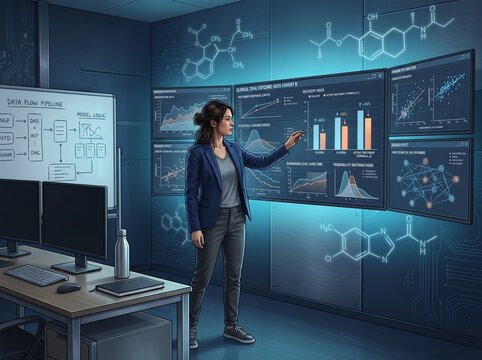 A person stands in a lab with screens showing data visualizations. The setting has computers and charts. It captures a moment of work in data analysis during the day