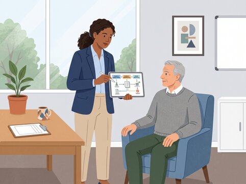 A person stands beside a senior man in a chair. The person shows information on a tablet while the man listens. The room has a plant and a table with a cup