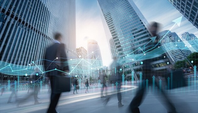 Blurred businesspeople walking on a city street with financial graphics and modern skyscrapers in the background.