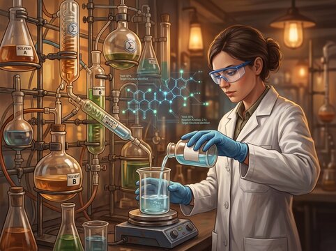 A scientist in a lab coat pours a blue liquid into a beaker while surrounded by glassware and equipment. The lab has low lighting and a busy atmosphere filled with chemistry tools