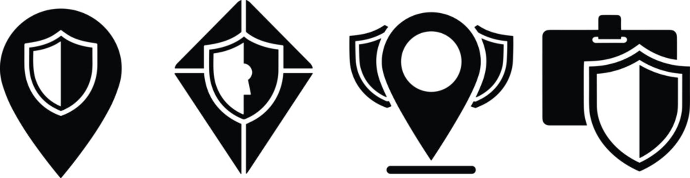 Secure Location Map Pin and Shield Silhouette Vector Icon Set Featuring Data Protection Identity Badges and Cyber Security Navigation Symbols