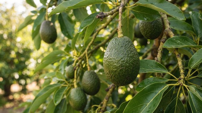 Fresh avocados on branch organic hass avocado growing in orchard