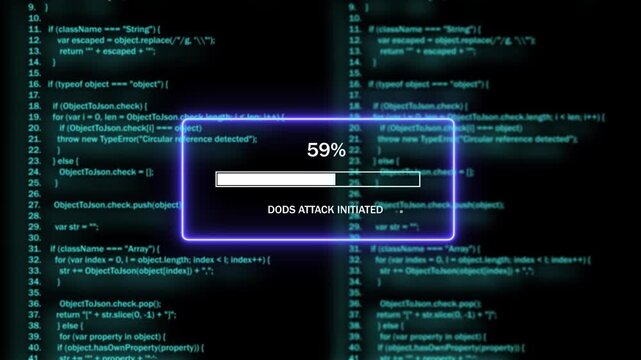 Cybersecurity threat visualization featuring a digital progress bar and warning message indicating a ddos attack initiated against complex server source code background, for network security concepts