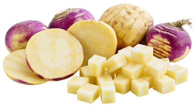Whole and cut rutabaga root vegetables with diced pieces