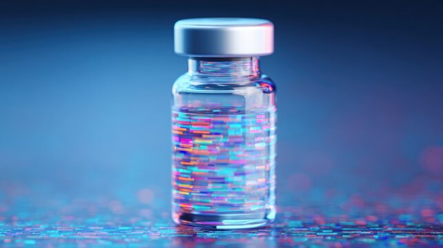 Glass medical vial containing glowing digital data particles representing advanced biotech breakthroughs in cancer research precision medicine