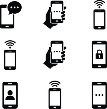 Mobile smartphone interface elements featuring handheld cellular devices security lockscreen passcode chat bubbles wifi connections