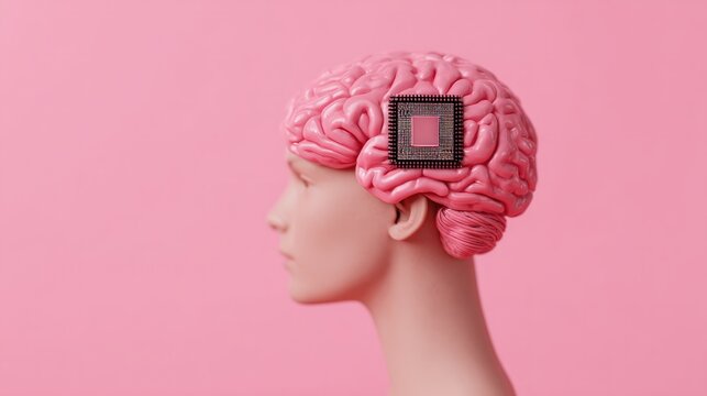 Human head profile with pink brain integrated computer processor chip artificial intelligence concept copy space on solid pink background