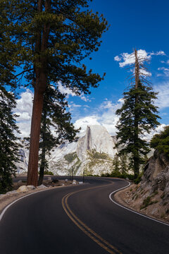 Scenic Winding Road View of Half Dome Mountain Yosemite National Park California USA