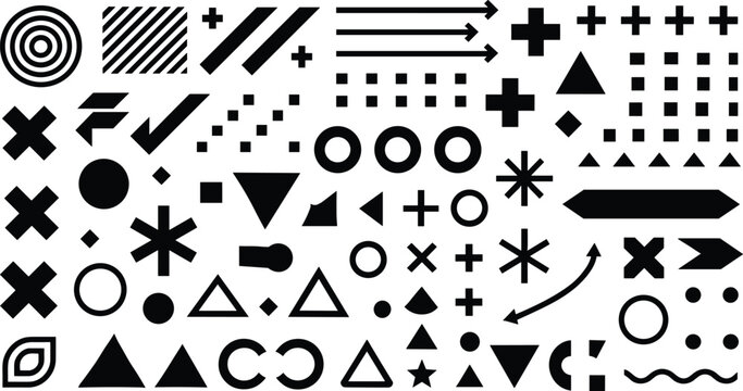 Monochromatic geometric elements catalog featuring abstract memphis shapes mathematical symbols arrows crosses dots and sharp textures