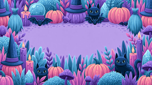 cute purple halloween frame with witch hat black cats pumpkins candles broom mushrooms and magical autumn elements, spooky background with copy space