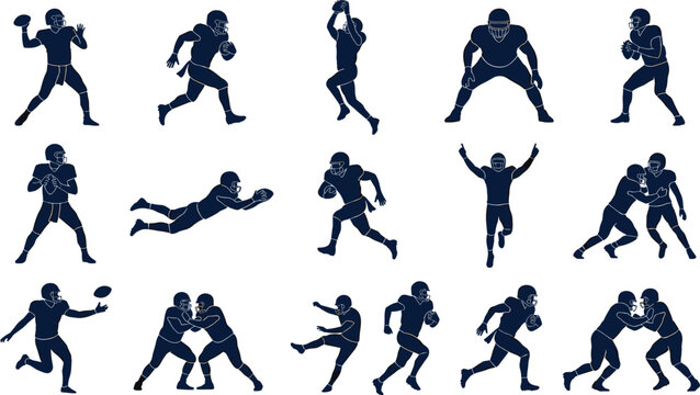 American Football Player Silhouette Collection with Passing Running Tackling Catching Diving Celebration and Game Action Poses Vector Illustration Set