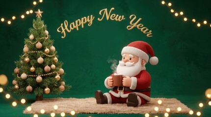 Obraz premium Happy New Year greeting with a cozy Santa Claus and decorated Christmas tree