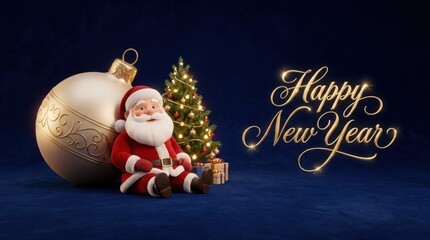 Obraz premium Santa Claus sits by a decorated Christmas tree and large ornament, celebrating the New Year