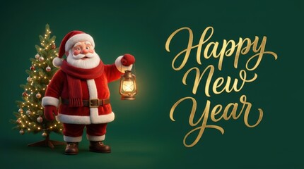 Obraz premium Santa Claus holding a lantern next to a decorated Christmas tree wishing Happy New Year