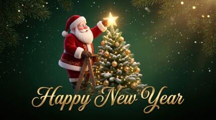 Obraz premium Santa Claus decorates a Christmas tree with a star for the New Year celebration
