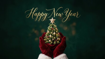 Obraz premium Happy New Year greeting with a miniature decorated Christmas tree held by Santa