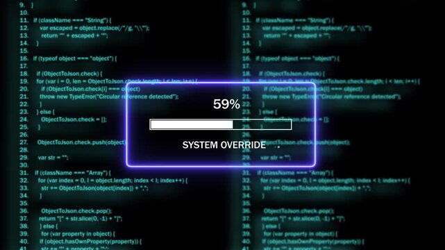 Dynamic system override progress bar loading over abstract blue computer programming code background, for cyber security, software development, data, processing, and advanced,