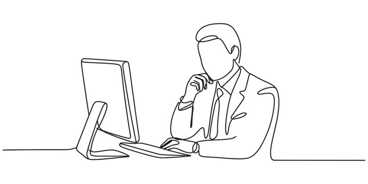 Businessman working on a computer continuous line drawing
