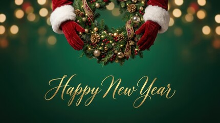 Obraz premium Santa Claus holding a festive Christmas wreath with golden bokeh lights in the background