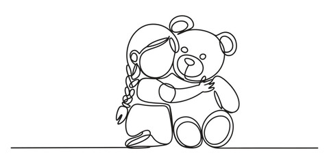 Little girl hugging a teddy bear continuous line drawing