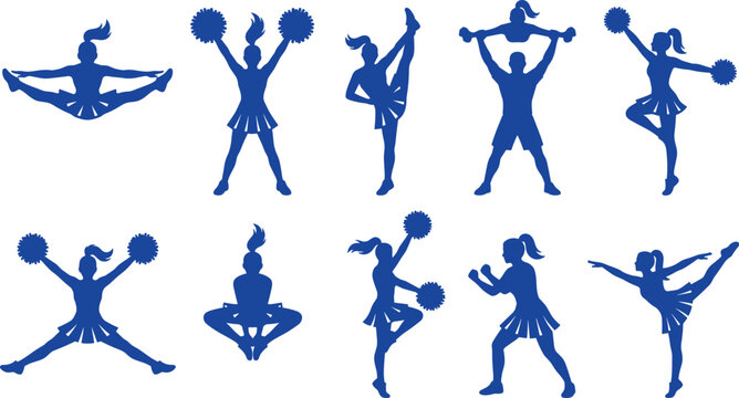 Cheerleader Silhouette Collection with Pom Pom Dance Stunts High Kick Jump Stretch and Cheerleading Performance Action Poses Vector Illustration Set