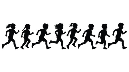 Obraz premium Adobe IGroup of active happy children running together in a row as black silhouettes on white backgroundllustrator Artwork