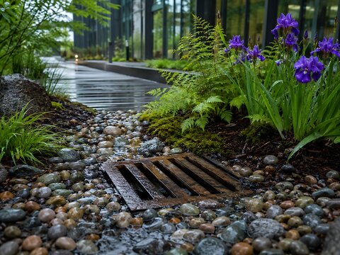 A metal storm drain grate surrounded by wet river stones and purple iris flowers in a garden landscape near a modern glass building exterior