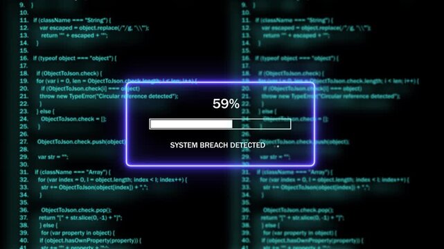 Cybersecurity system breach alert with progress loading bar overlaying scrolling computer programming code for digital hacking, network security threat, data theft, and advanced software