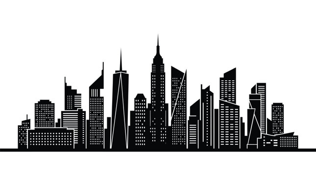 Adobe Illustrator ArtwBlack and white silhouette of a modern city skyline with tall skyscrapers on white backgroundork