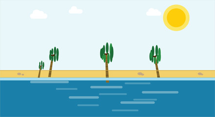 Tropical island scene with palm trees and ocean waves sunny day illustration © Mim24