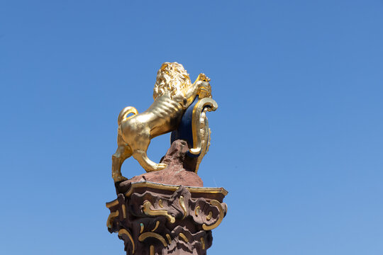 Golden lion at the market fountain at the parliament in Wiesbaden